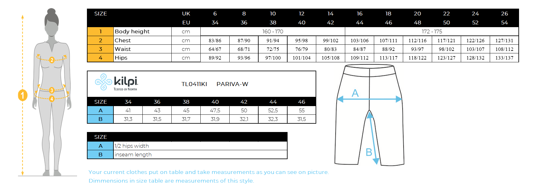 Women's jeans shorts Kilpi PARIVA-W – Size chart