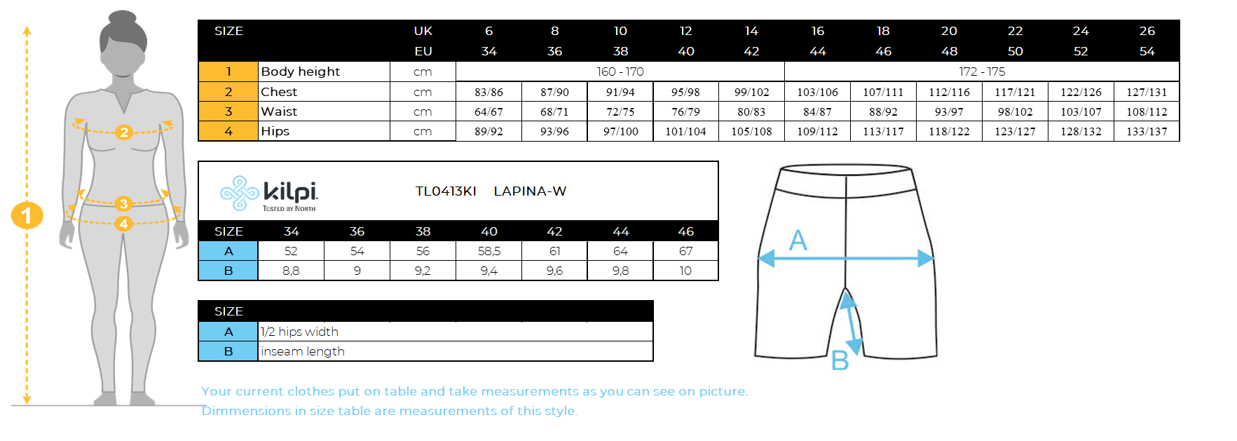 Women's running shorts Kilpi LAPINA-W – Size chart