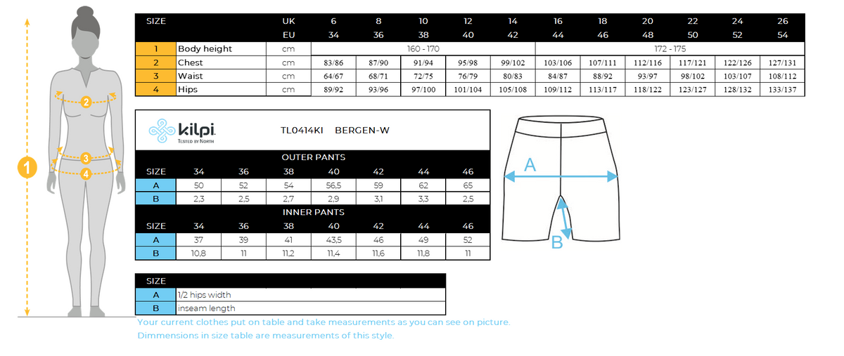 Short de course pour femme Kilpi BERGEN-W – Size chart