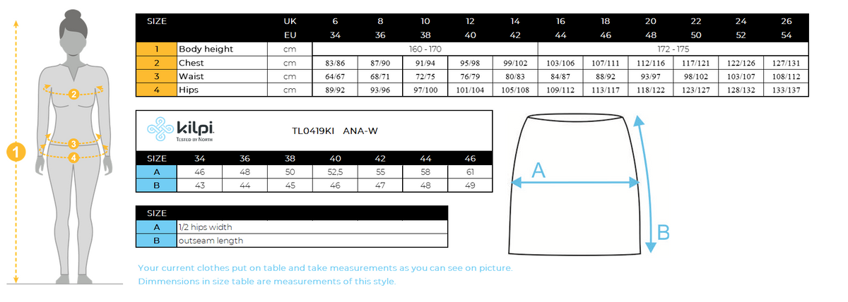 Women's outdoor skirt Kilpi ANA-W – Size chart