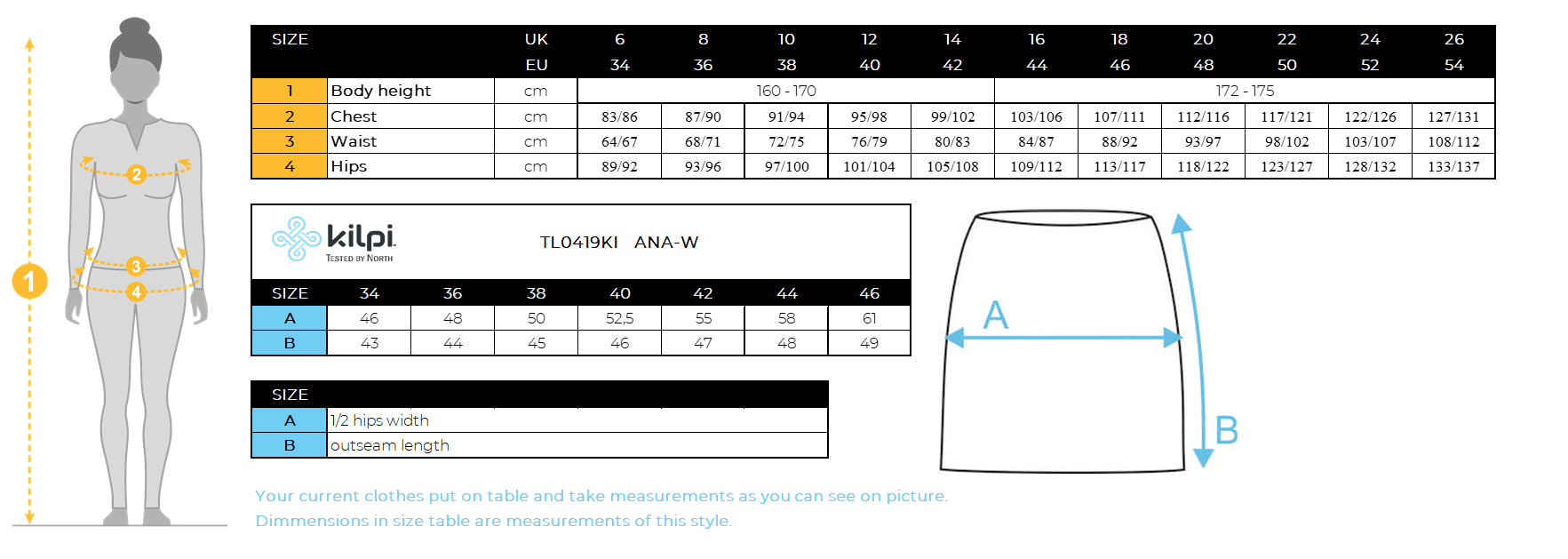 Women's outdoor skirt Kilpi ANA-W – Size chart