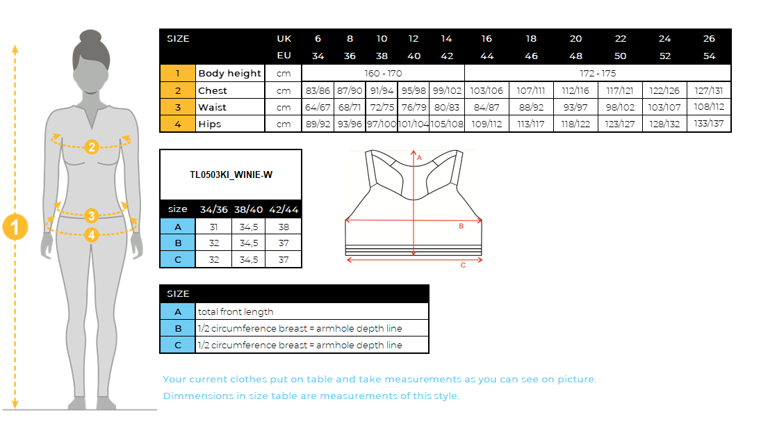 Women's seamless sports bra Kilpi WINIE-W – Size chart