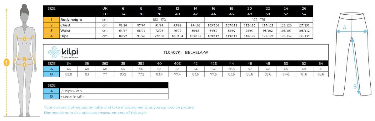 Women´s outdoor pants Kilpi BELVELA-W – Size chart