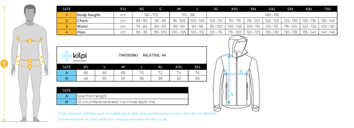 Men's running jacket Kilpi NEATRIL-M – Size chart