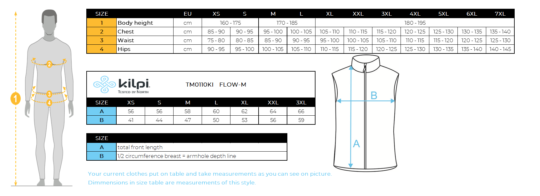 Men's cycling vest Kilpi FLOW-M – Size chart