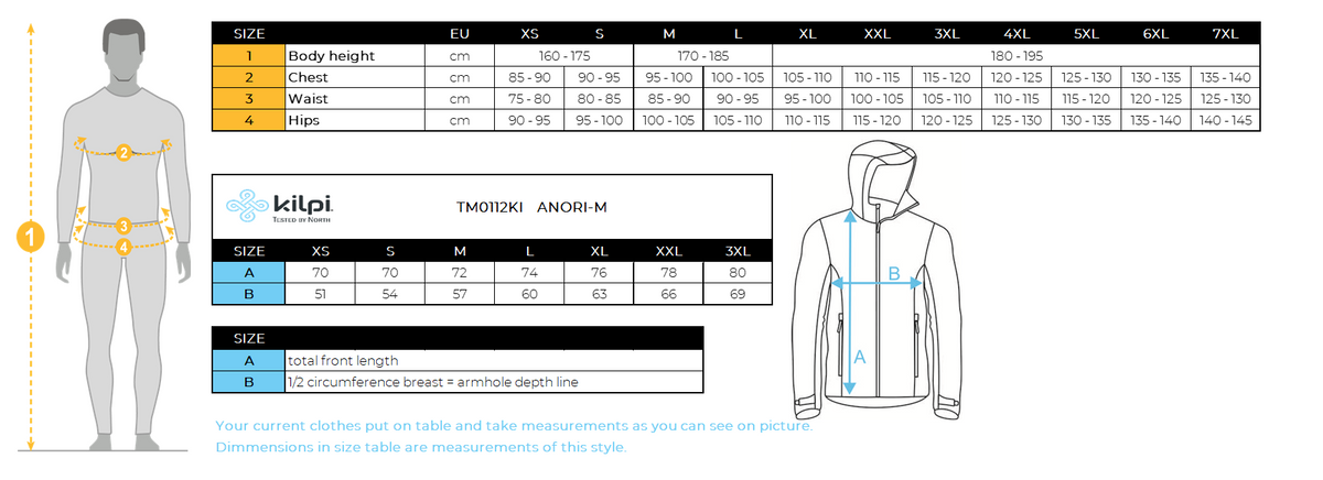 Men's light anorak jacket Kilpi ANORI-M – Size chart