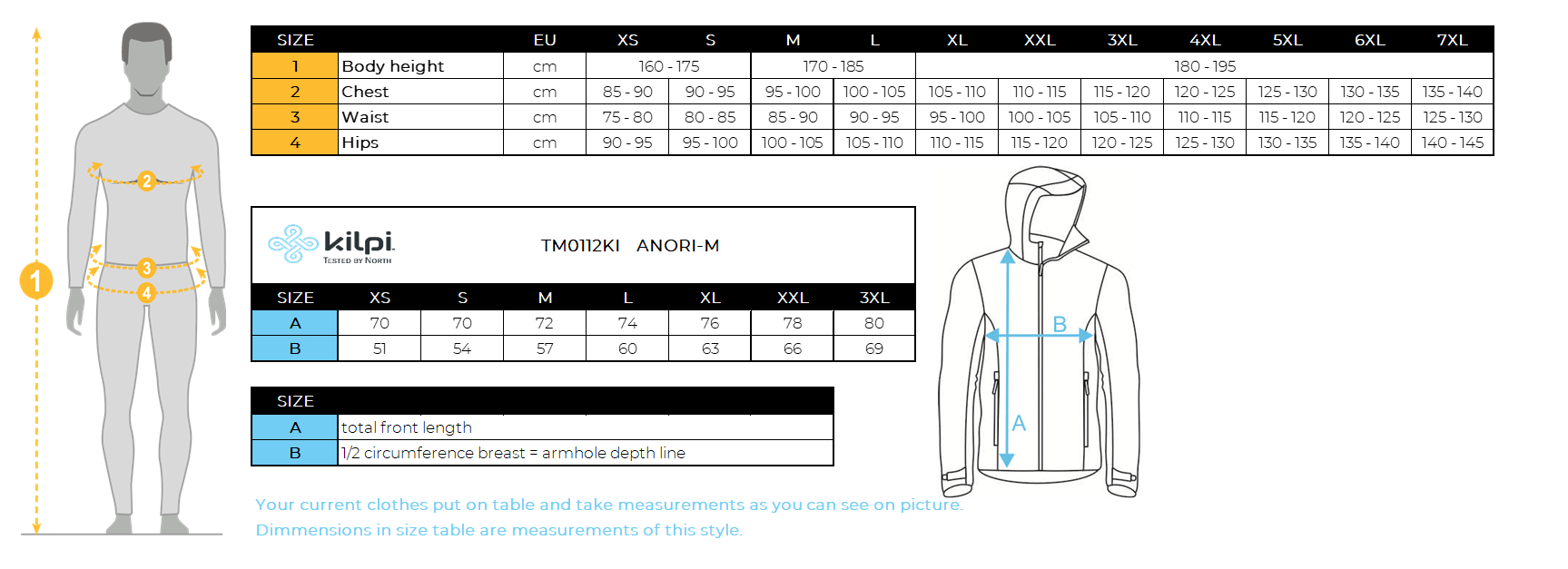 Men's light anorak jacket Kilpi ANORI-M – Size chart