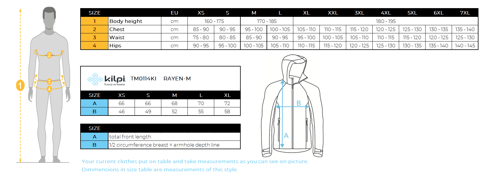 Men's hybrid jacket Kilpi RAYEN-M – Size chart