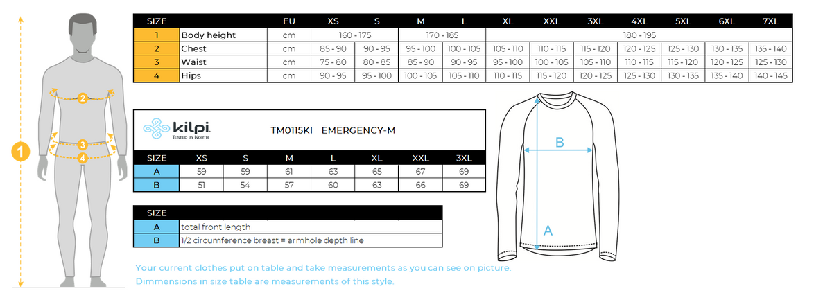 Men's cycling jacket Kilpi EMERGENCY-M – Size chart