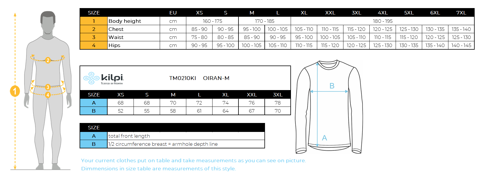 Men's crew neck hoodie Kilpi OIRAN-M – Size chart