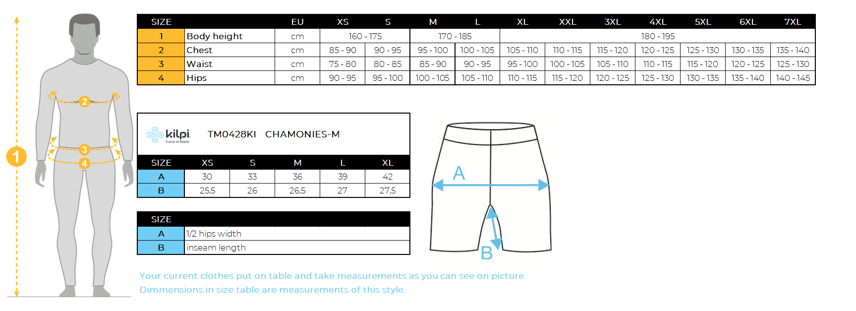 HOMMELe short de course compressé Kilpi CHAMONIES-M – Size chart