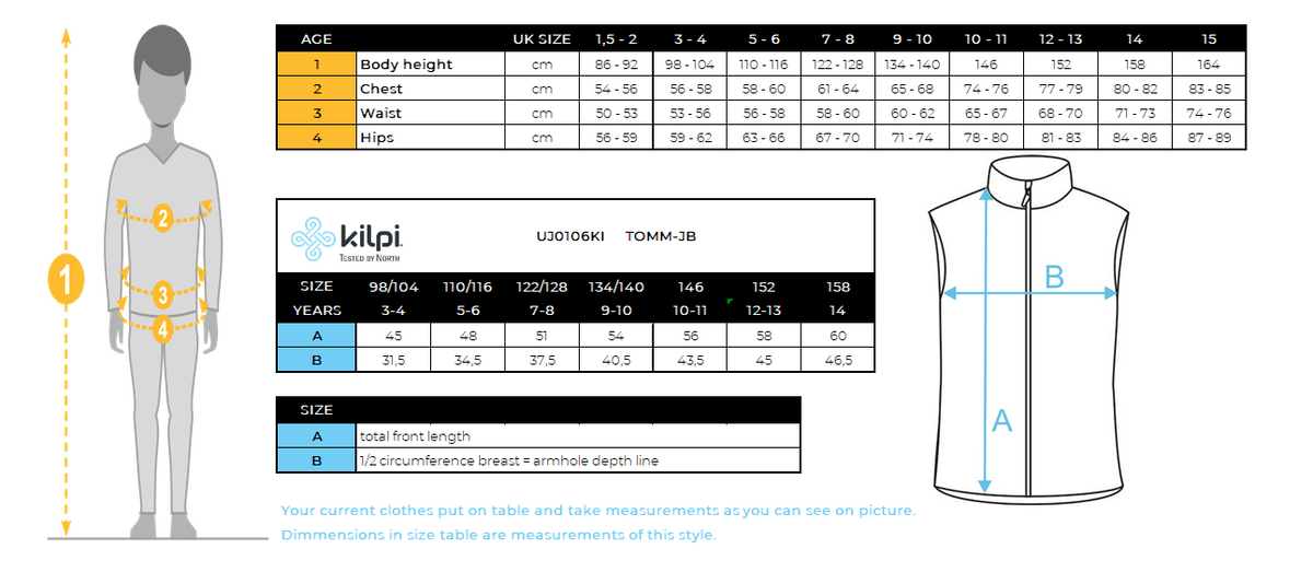 Gilet isolant garçon Kilpi TOMM-JB – Size chart