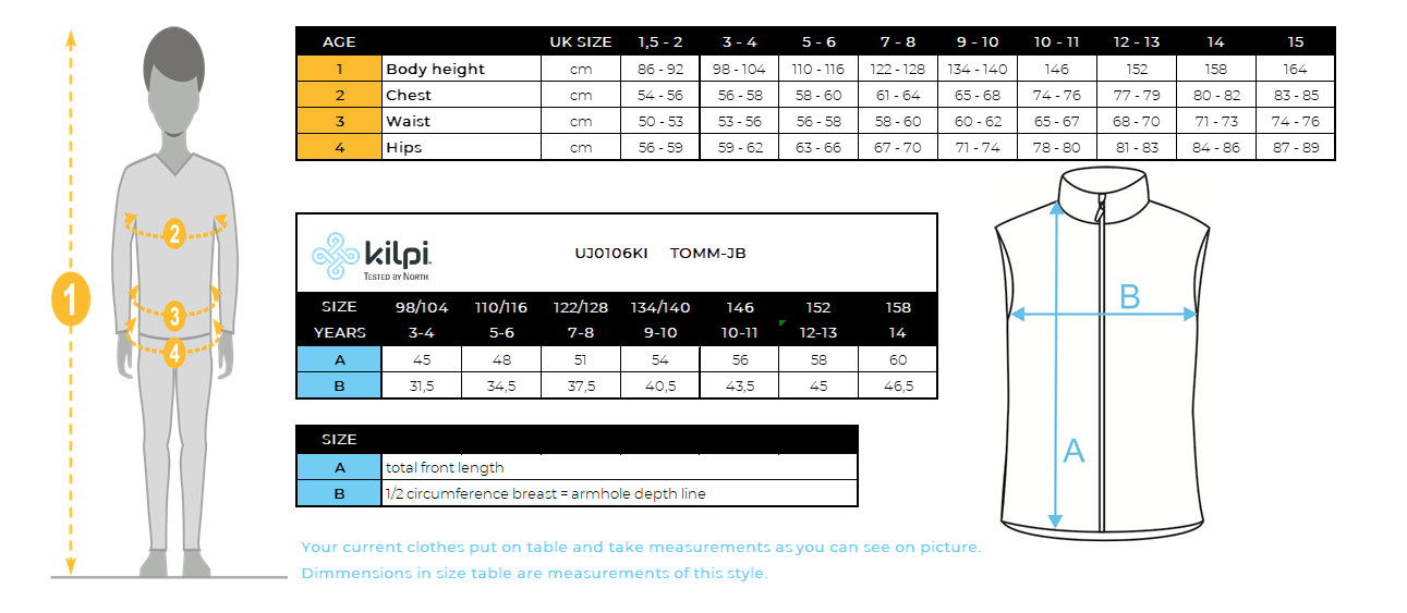 Gilet isolant garçon Kilpi TOMM-JB – Size chart