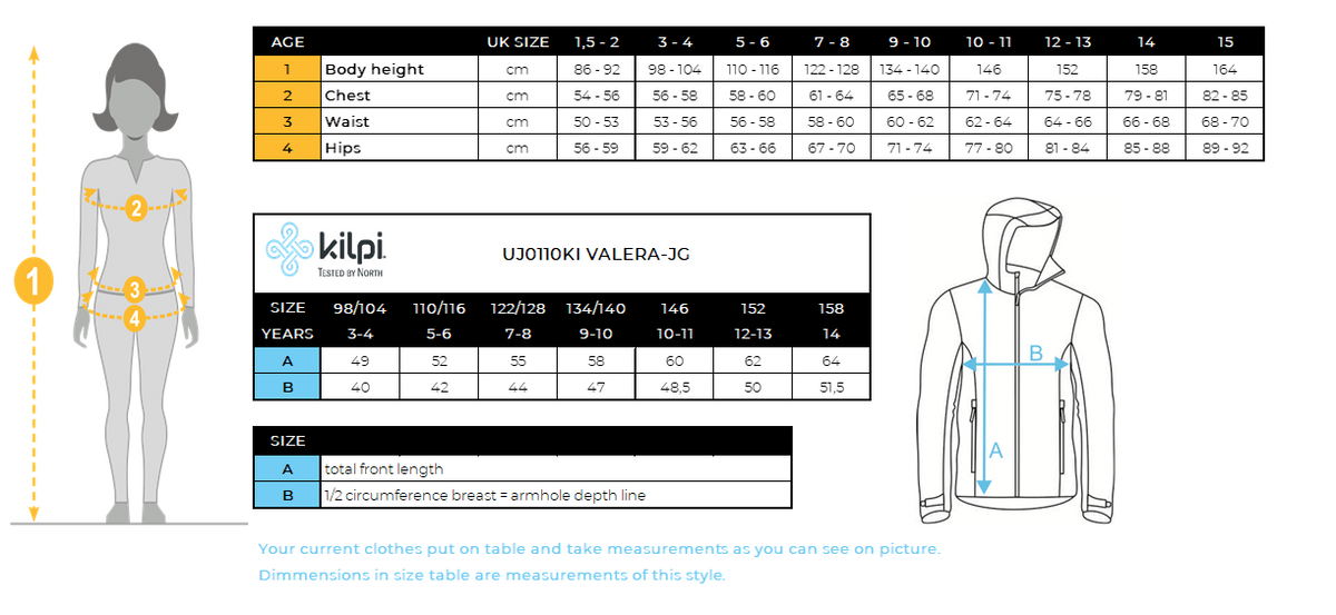 Veste de ski fille Kilpi VALERA-JG – Size chart