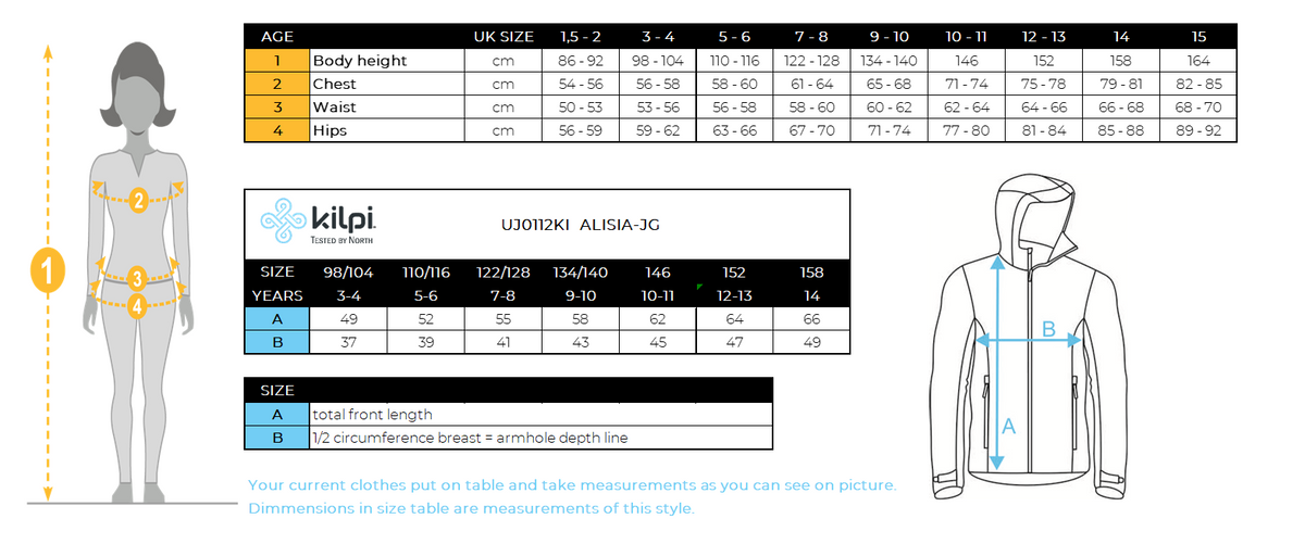 Veste de ski fille Kilpi ALISIA-JG – Size chart