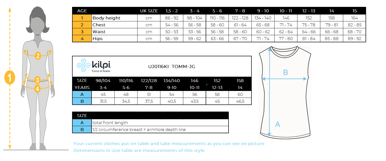 Girl's insulated vest Kilpi TOMM-JG – Size chart