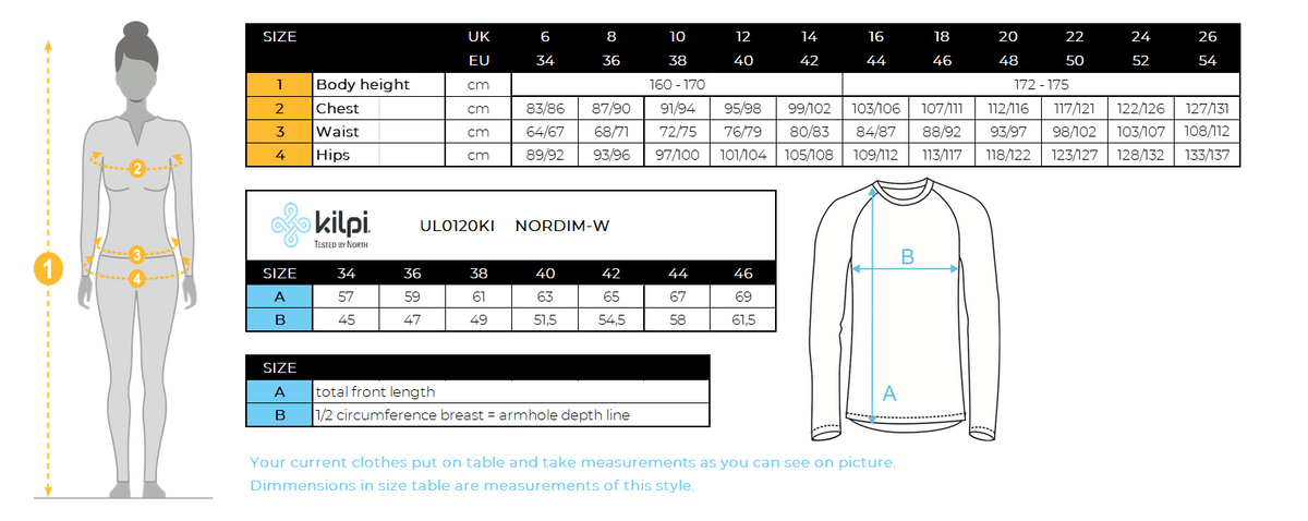 FEMMEla veste de course Kilpi NORDIM-W – Size chart