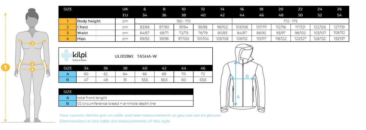 FEMMEla veste isolante de Kilpi TASHA-W – Size chart
