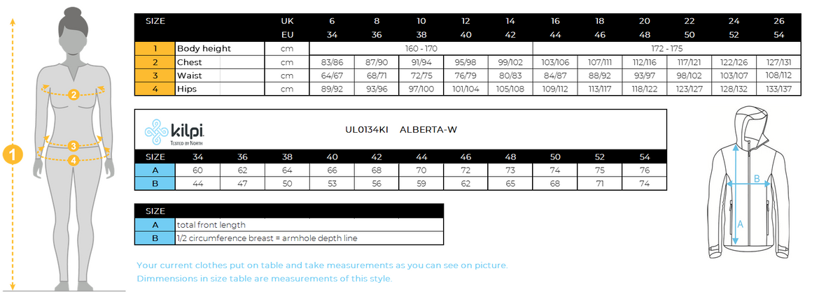 FEMMEla doudoune Kilpi ALBERTA-W – Size chart