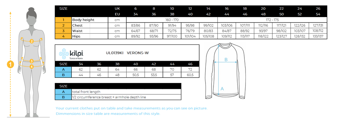 Women's insulated jacket Kilpi VERONS-W – Size chart