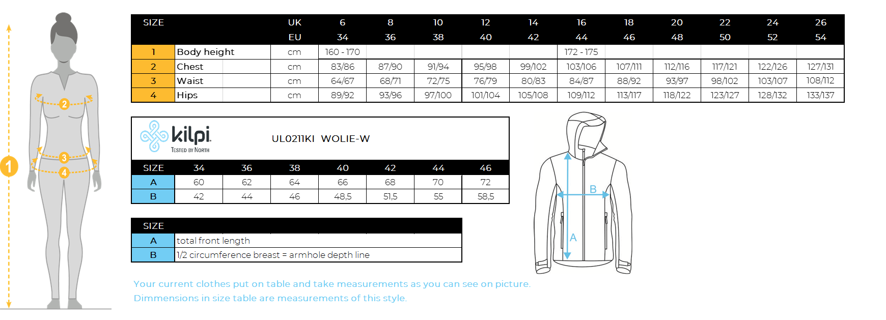 FEMMEle pull en laine mérinos Kilpi WOLIE-W – Size chart