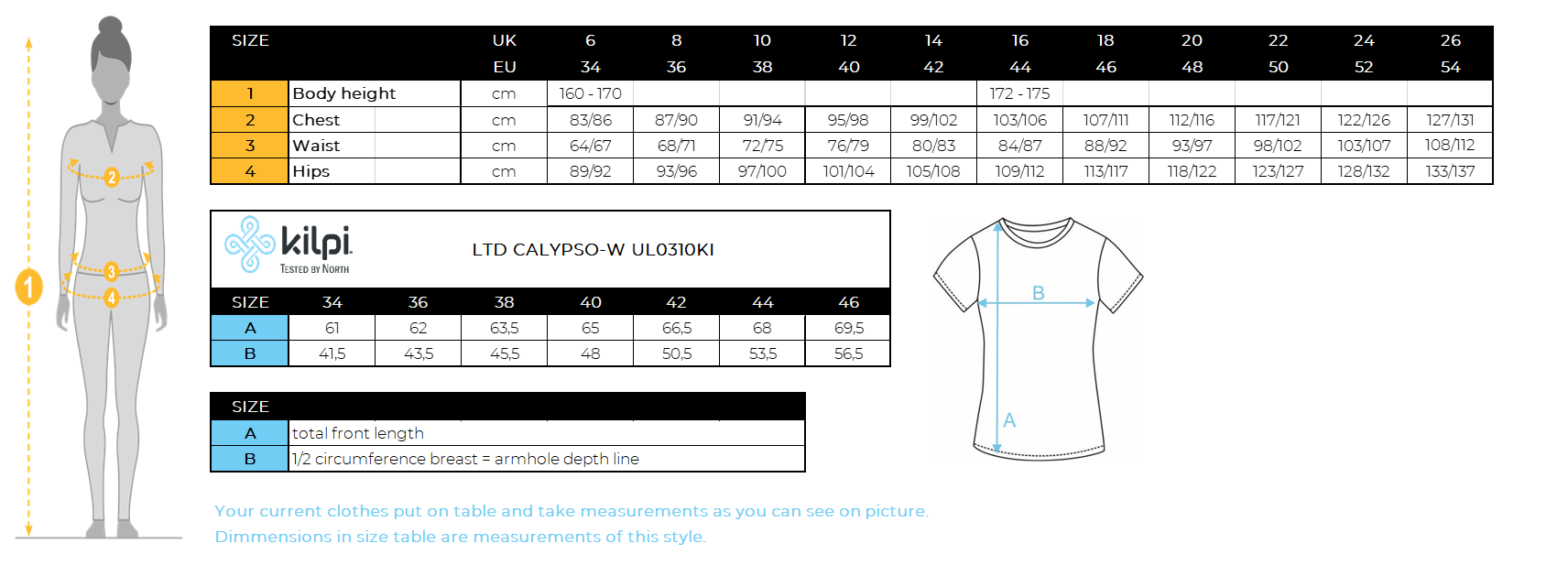 FEMMEle t-shirt de Kilpi LTD CALYPSO-W – Size chart