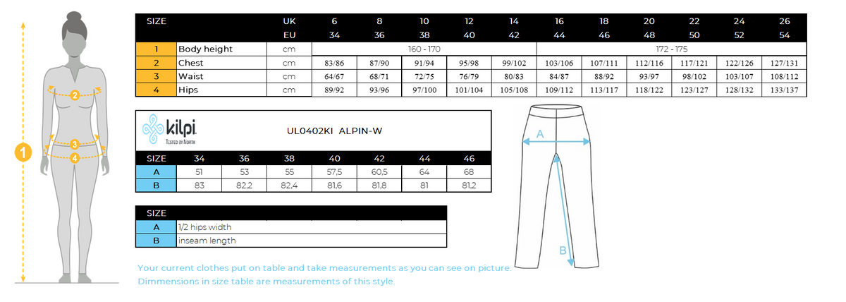 Women´s waterproof outdoor pants Kilpi ALPIN-M – Size chart