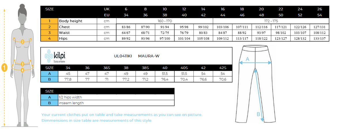 FEMMEpantalon softshell de ski Kilpi MAURA-W – Size chart