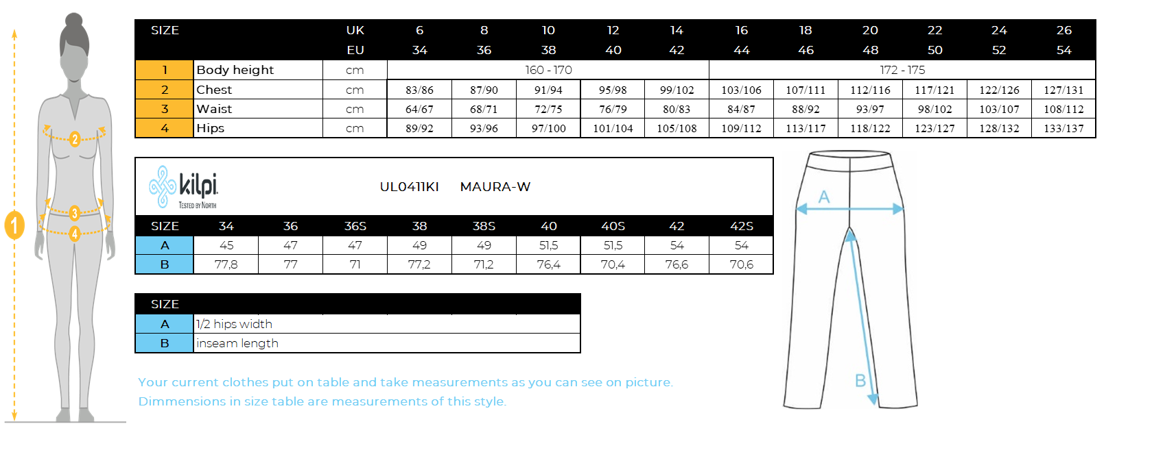 FEMMEpantalon softshell de ski Kilpi MAURA-W – Size chart