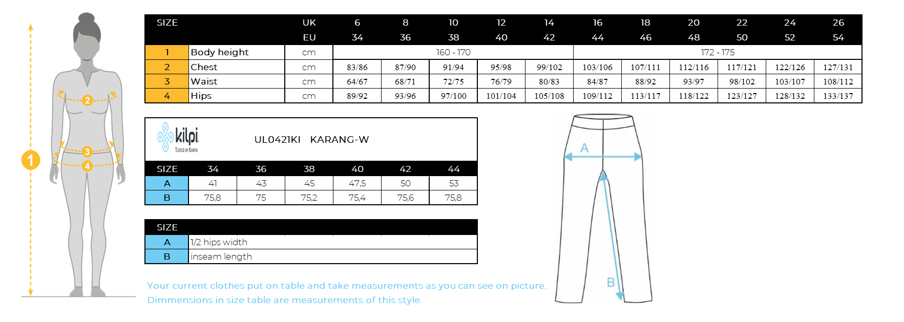 Women's running leggings Kilpi KARANG-W – Size chart