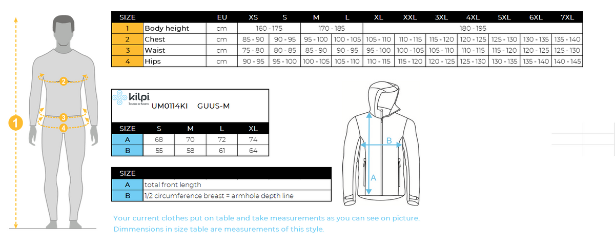HOMMEla doudoune Kilpi GUUS-M – Size chart