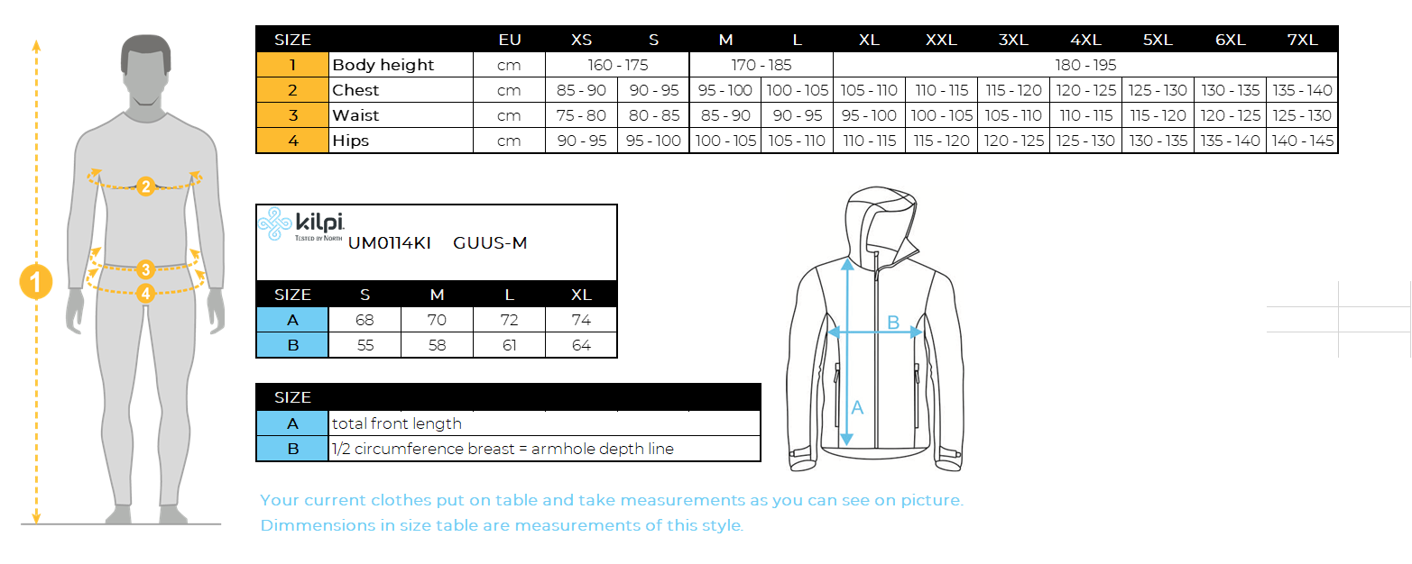 HOMMEla doudoune Kilpi GUUS-M – Size chart