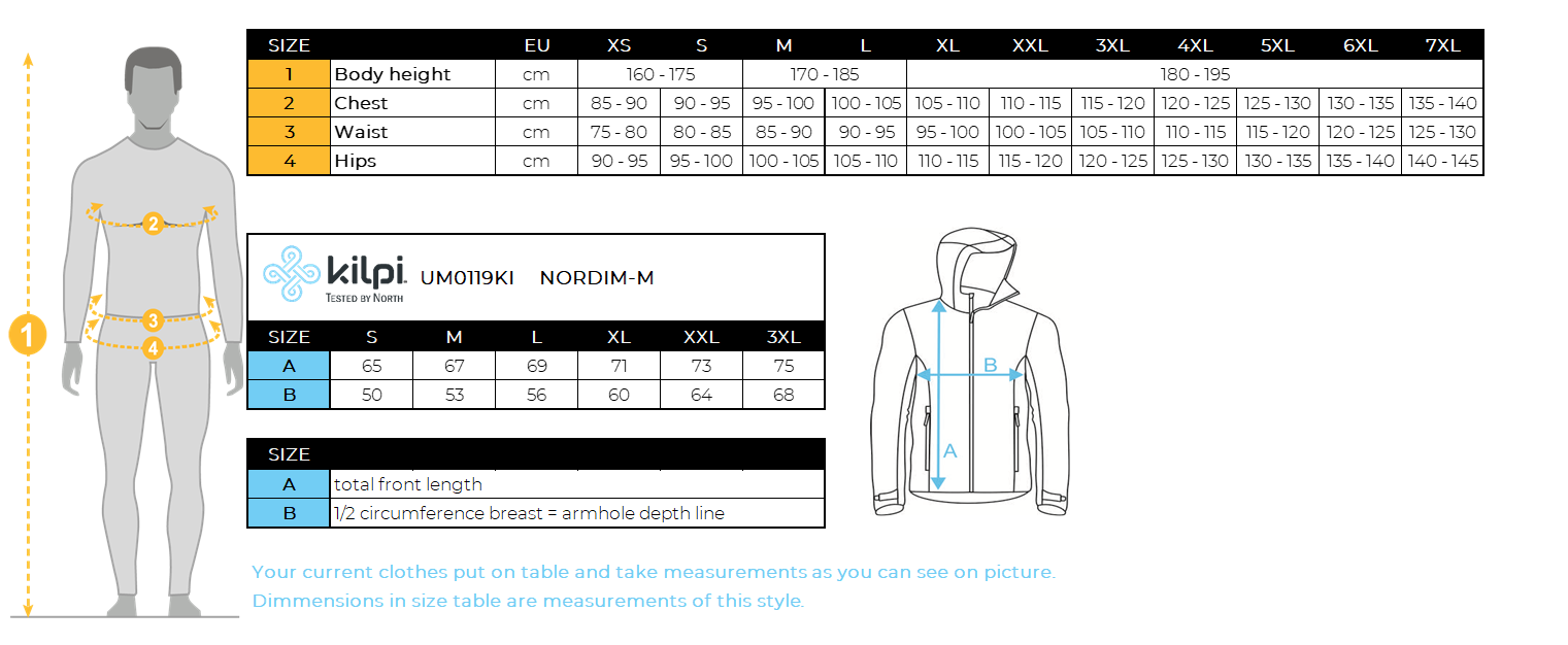 HOMMEla veste de course Kilpi NORDIM-M – Size chart