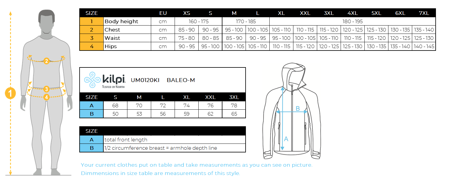 HOMMEla veste de course softshell de Kilpi BALEO-M – Size chart