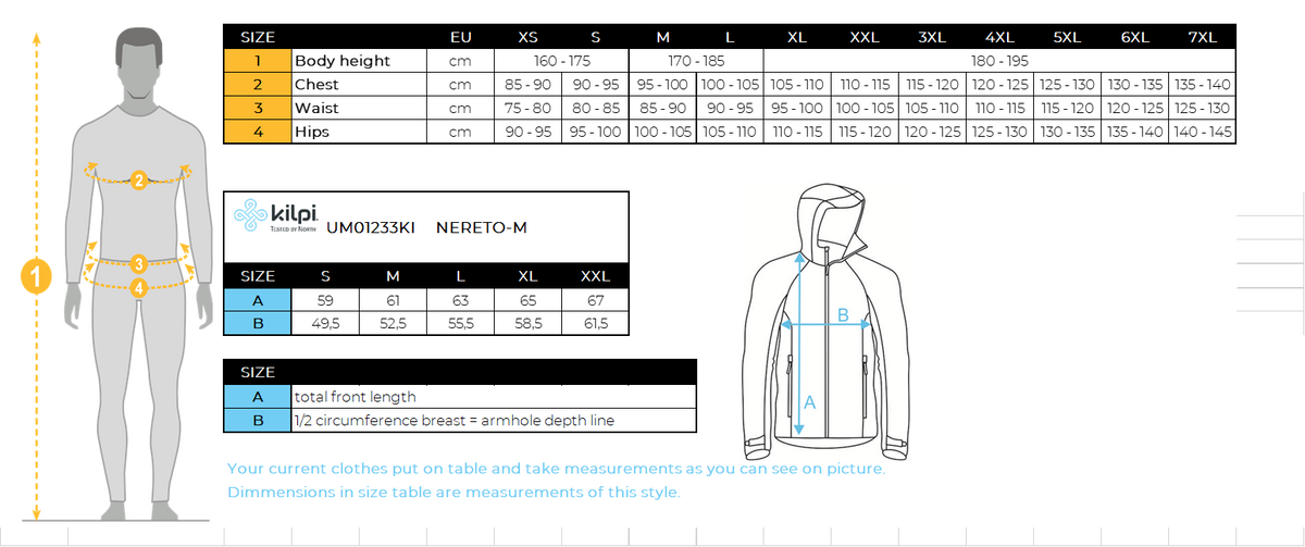 Men's softshell cycling jacket Kilpi NERETO-M – Size chart