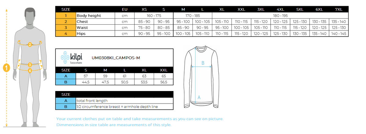 HOMMEmaillot de cyclisme à manches longues Kilpi CAMPOS-M – Size chart