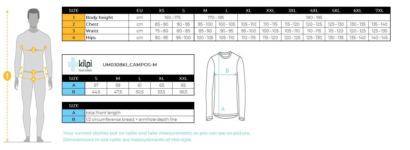 HOMMEmaillot de cyclisme à manches longues Kilpi CAMPOS-M – Size chart