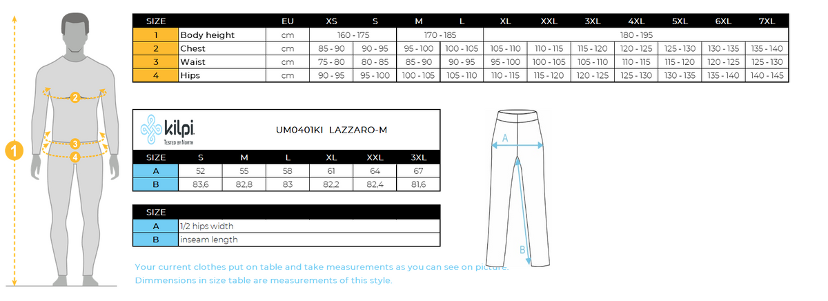 Men's waterproof ski pants Kilpi LAZZARO-M – Size chart