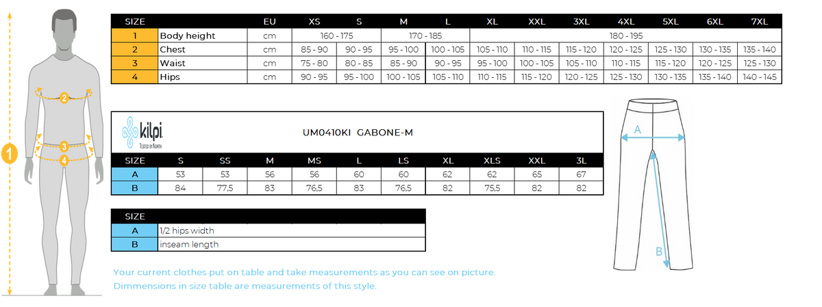 Men's ski pants Kilpi GABONE-M – Size chart