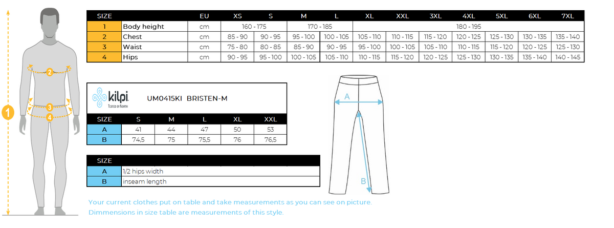 Men's ski touring pants Kilpi BRISTEN-M – Size chart