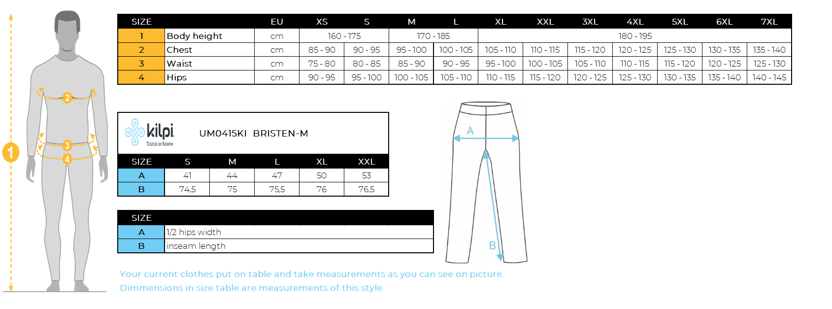 Men's ski touring pants Kilpi BRISTEN-M – Size chart