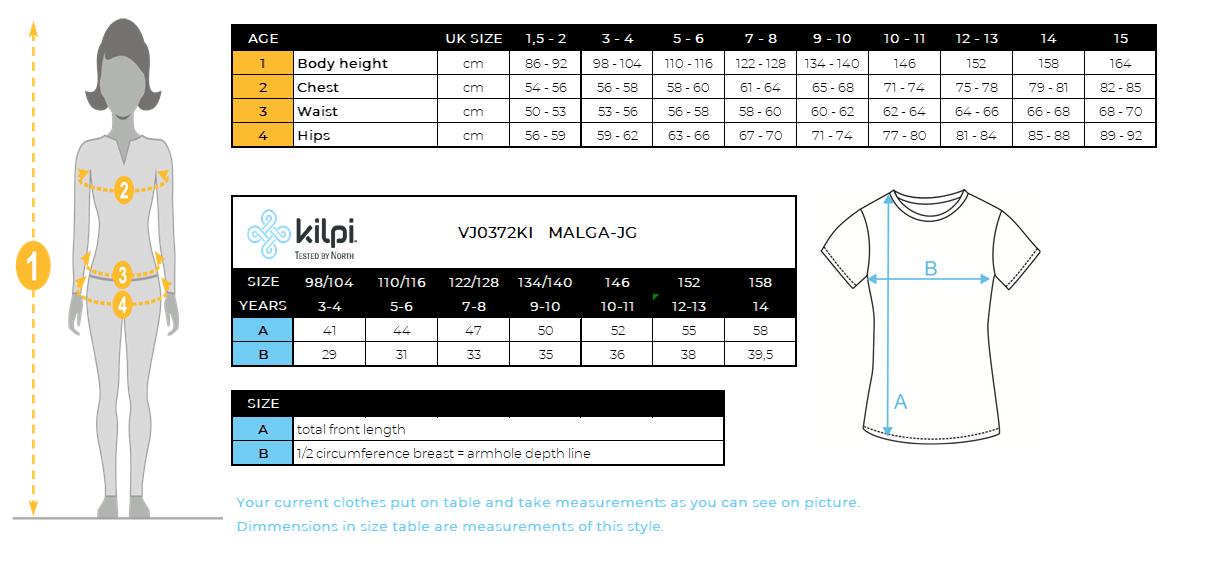 T-shirt fille en coton Kilpi MALGA-JG – Size chart