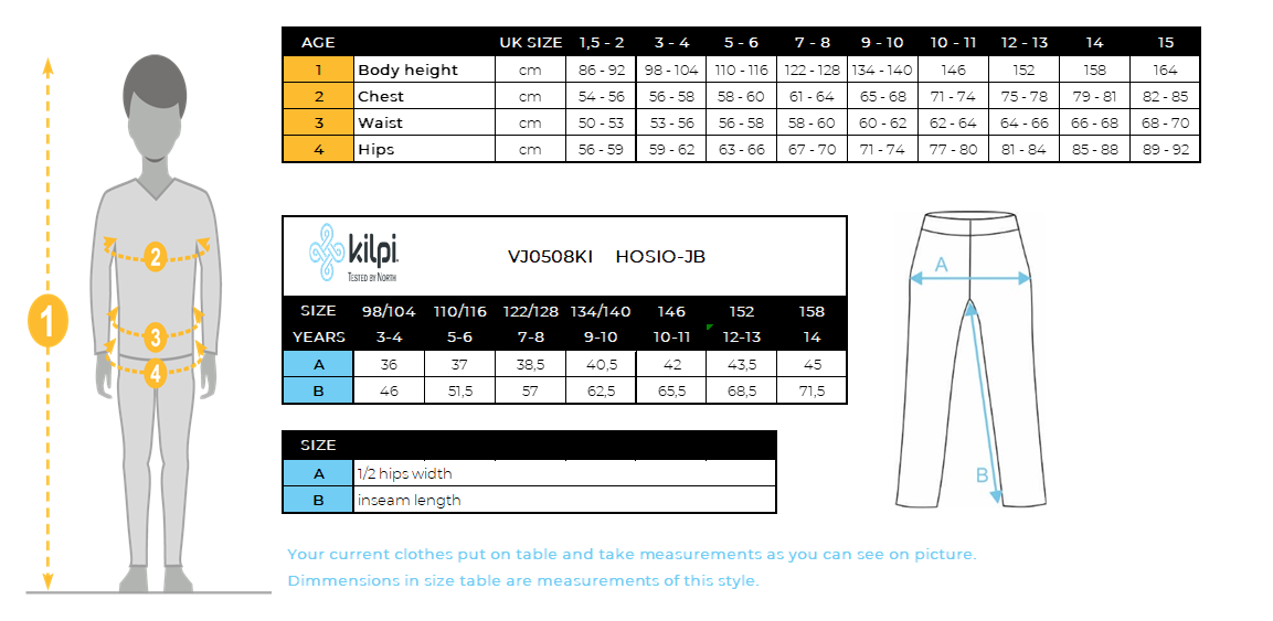 Boy's outdoor pants Kilpi HOSIO-JB – Size chart