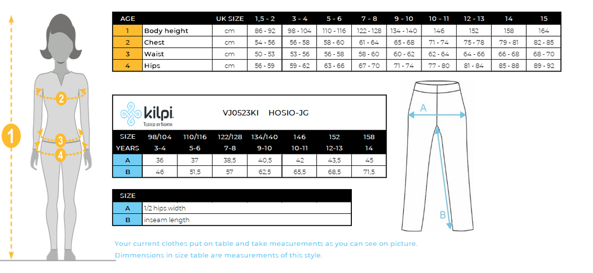 Girl's outdoor pants Kilpi HOSIO-JG – Size chart