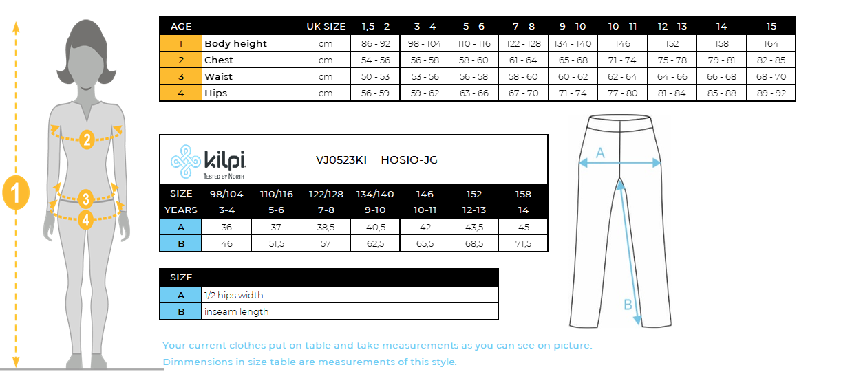 Girl's outdoor pants Kilpi HOSIO-JG – Size chart