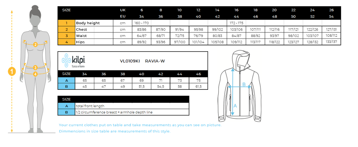 Women's softshell jacket Kilpi RAVIA-W – Size chart