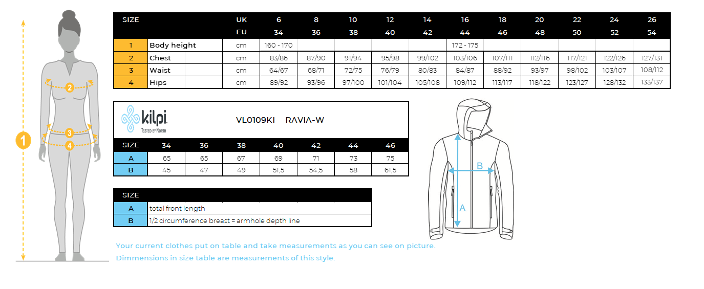 Women's softshell jacket Kilpi RAVIA-W – Size chart