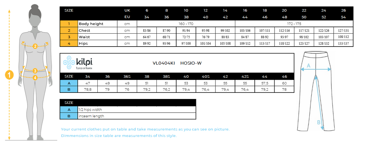 Women's outdoor pants Kilpi HOSIO-W – Size chart