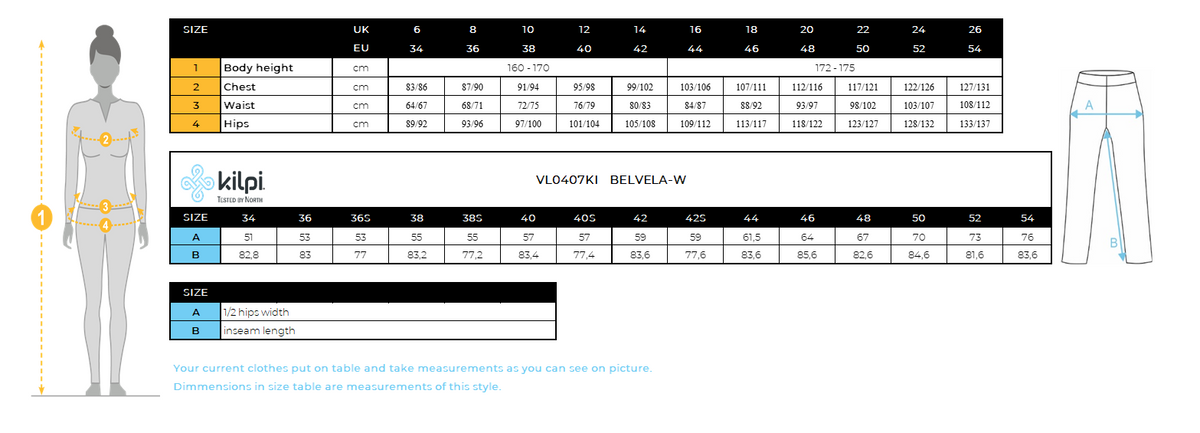 Women's outdoor pants Kilpi BELVELA-W – Size chart