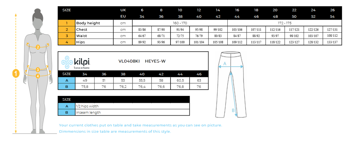 Women's running pants Kilpi HEYES-W – Size chart